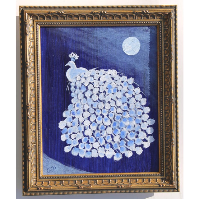 A traditional oil painting on canvas board of an exotic white peacock bird with feathers unfurled in shades of blue and...