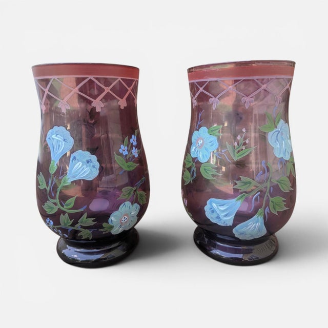 Vintage Hand Painted Purple Glass Hurricanes- A Pair For Sale - Image 10 of 17