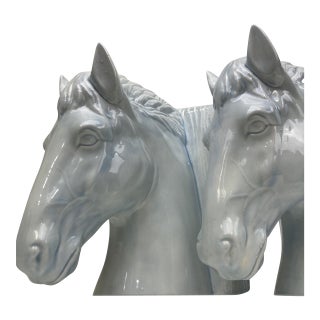 VTG Set 2 Mid Century Ceramic Horse Head Bookends Pale Blue White Glazed 8.5" For Sale
