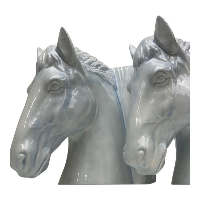 VTG Set 2 Mid Century Ceramic Horse Head Bookends Pale Blue White Glazed 8.5" For Sale