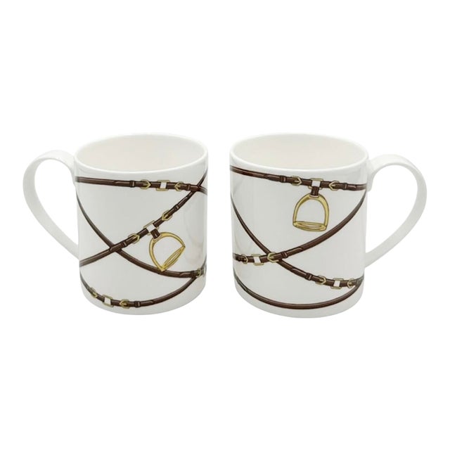 Pair Ralph Lauren Bromley Equestrian Horsebit Bone China Mugs Stirrup Polo Cup Set For Sale
