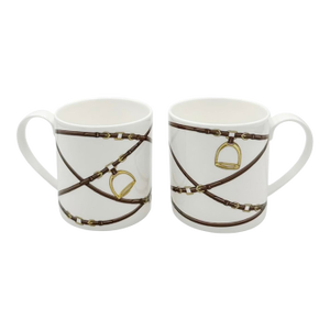 Pair Ralph Lauren Bromley Equestrian Horsebit Bone China Mugs Stirrup Polo Cup Set