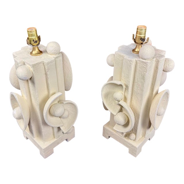 Contemporary 1980s Plaster and Wood Lamps With Abstract Shapes - A Pair For Sale