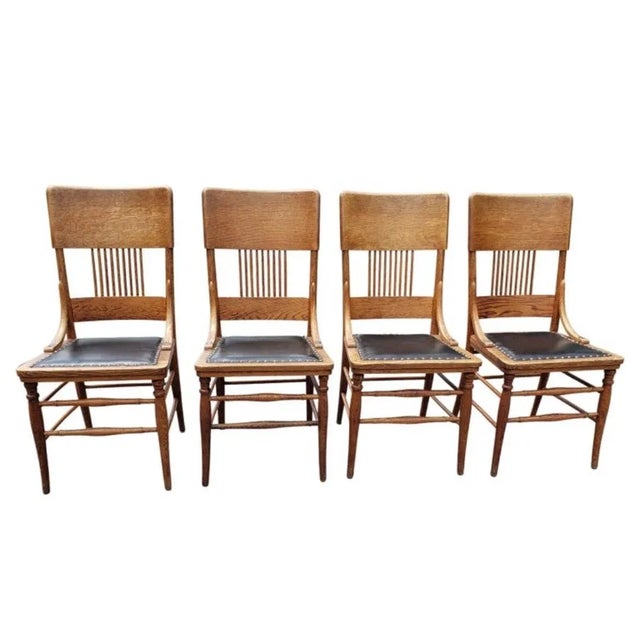 1910s Early American Pressed Oak Studded Back & Nail Leather Dining Chairs, a Set For Sale - Image 5 of 10