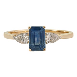 14k Gold 1.22ct Octagon Blue Sapphire & Pear Diamonds Three Stone Ring Size 4 For Sale
