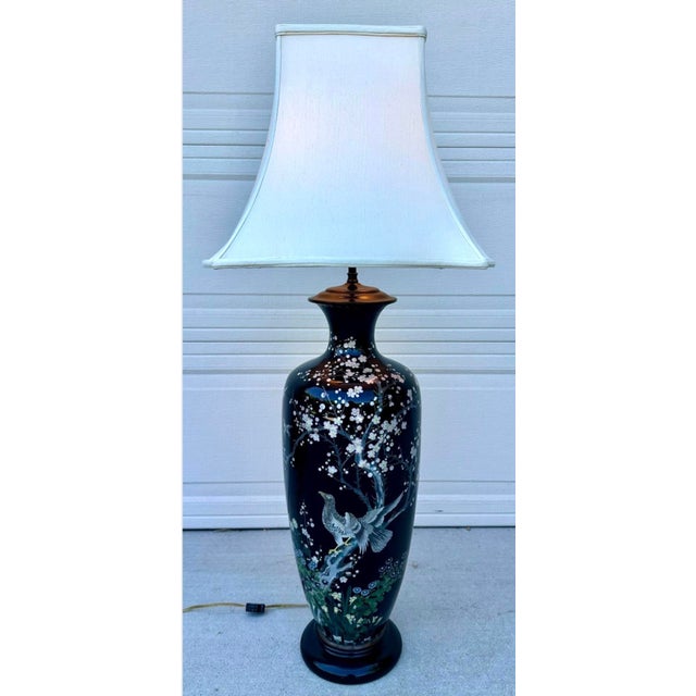 Huge Meiji Japanese Cloisonné Black Ground Bird & Blossom Tall Table Lamp 40" This stunning monumental Meiji-period...