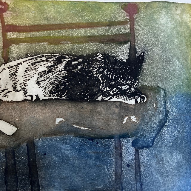 1970’s original abstract expressionist trail proof lithograph of cat on pillow. Signed and dated. Image measures 23.5x17.5...