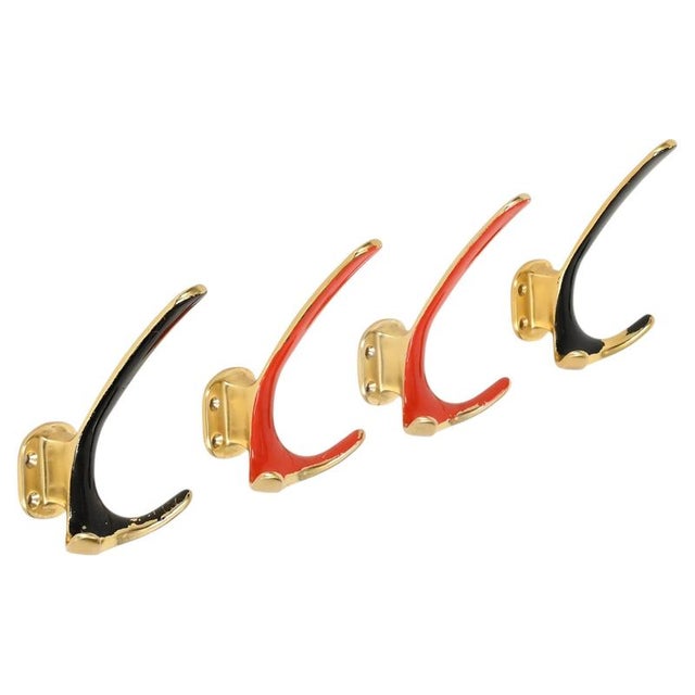Mid-Century Brass and Coral Red and Black Enamel Coat Hooks, Italy, 1950s, Set of 4 For Sale - Image 14 of 14