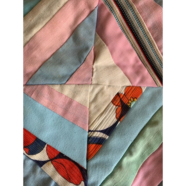 Vintage 19th Century Handmade Diamond Patchwork Strips & Block Crazy Quilt- King Size For Sale In Miami - Image 6 of 12