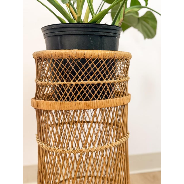 Vintage Round Wicker Plant Stand Woven Boho Coastal Decor Accent Rattan Pedestal For Sale - Image 9 of 9