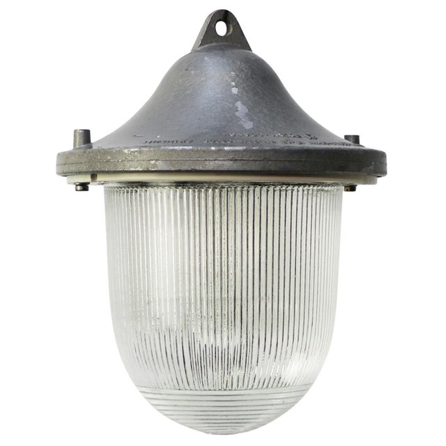 Metal Vintage Industrial Grey Metal Holophane Glass Pendant Lamp For Sale - Image 7 of 7