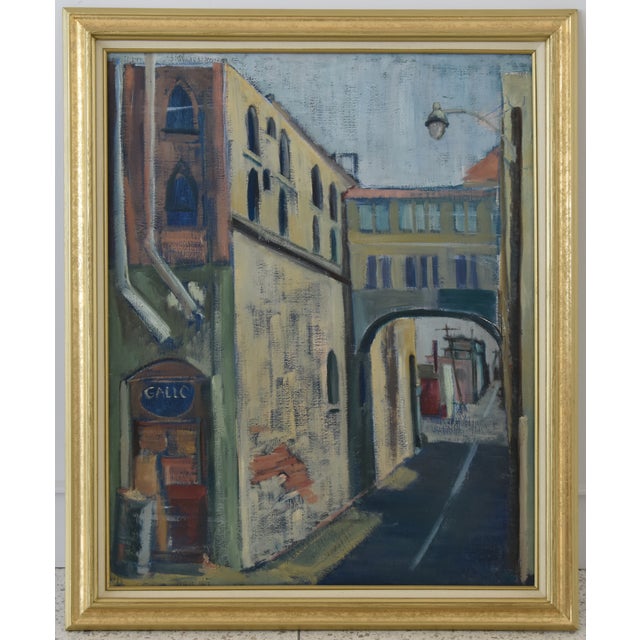 Midcentury Vintage European Village Street Oil Painting For Sale - Image 10 of 10