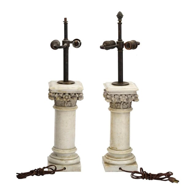 Stone Antique White Marble Column Form Table Lamps - A Pair For Sale - Image 7 of 11