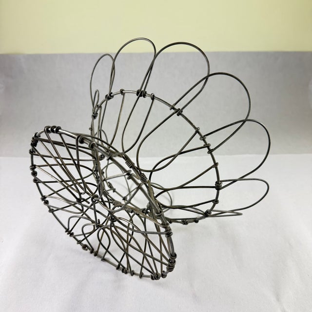 Antique French Handmade Folding Top Wire Kitchen Egg Basket For Sale - Image 9 of 13