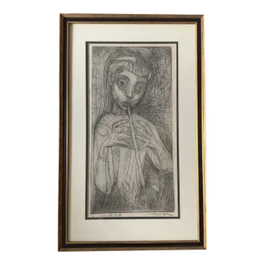 Mid 20th Century "Girl with Flute" Abstract Figurative Woodcut Print by Irving Amen, Framed