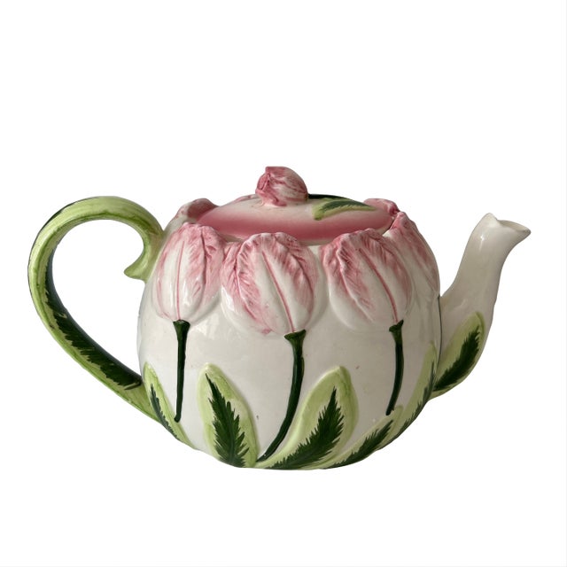Vintage Mid-Century Modern Hand Painted Ceramic Tulip Teapot For Sale