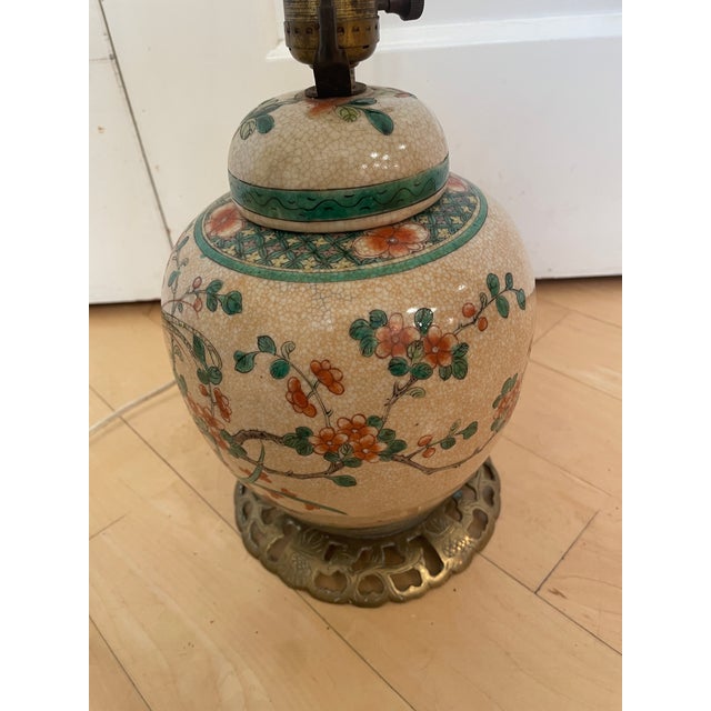 1940s Vintage Chinese Porcelain Ginger Jar Handpainted Bird Floral Motif Table Lamp For Sale - Image 5 of 12