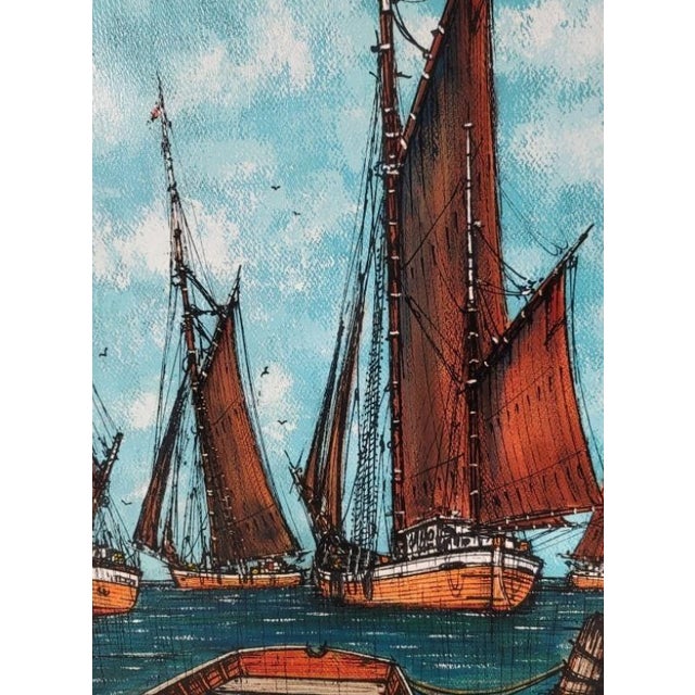 This original vintage oil painting on panel features a vibrant, expressionistic maritime scene. The artist employs thick,...