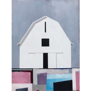 Barn Number 3 by Justin Wheatley | Acrylic on Panel White barn against a gray sky with colorful blocks. For Sale