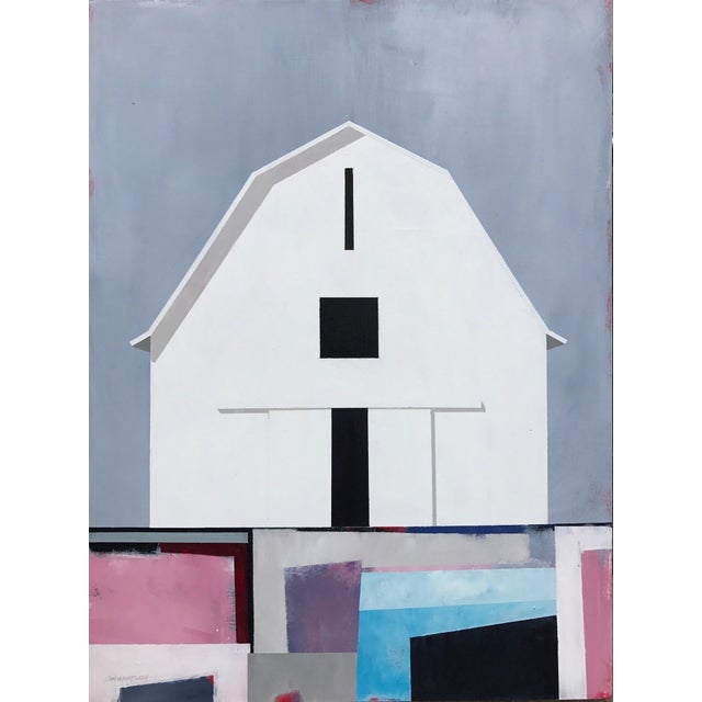 Barn Number 3 by Justin Wheatley | Acrylic on Panel White barn against a gray sky with colorful blocks. For Sale