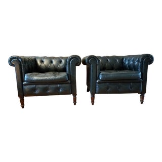 Chesterfield Tufted Green Club Chairs - A Pair For Sale