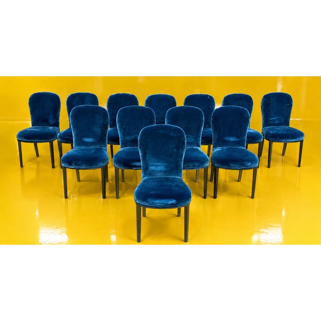 Mid 20th Century Dessin Fournir Companies Set of 12 French Moderne Blue Velvet Upholstered Dining Chairs For Sale - Image 11 of 15