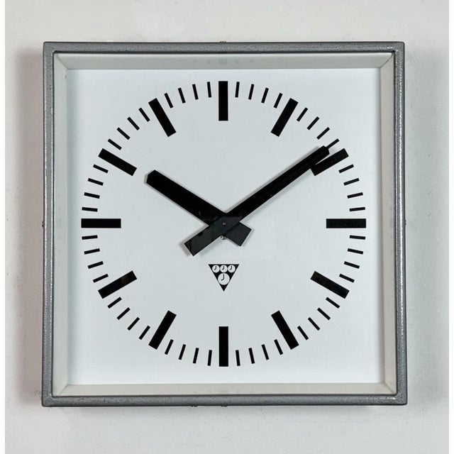 Metal Industrial Grey Square Wall Clock from Pragotron, 1980s For Sale - Image 7 of 17