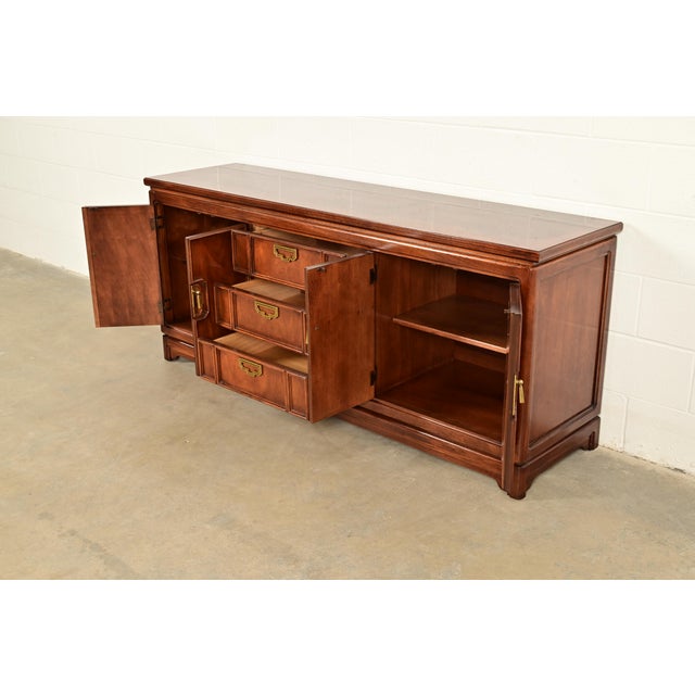 Wood Thomasville Mid-Century Hollywood Regency Chinoiserie Walnut Long Dresser or Credenza, Circa 1970s For Sale - Image 7 of 15