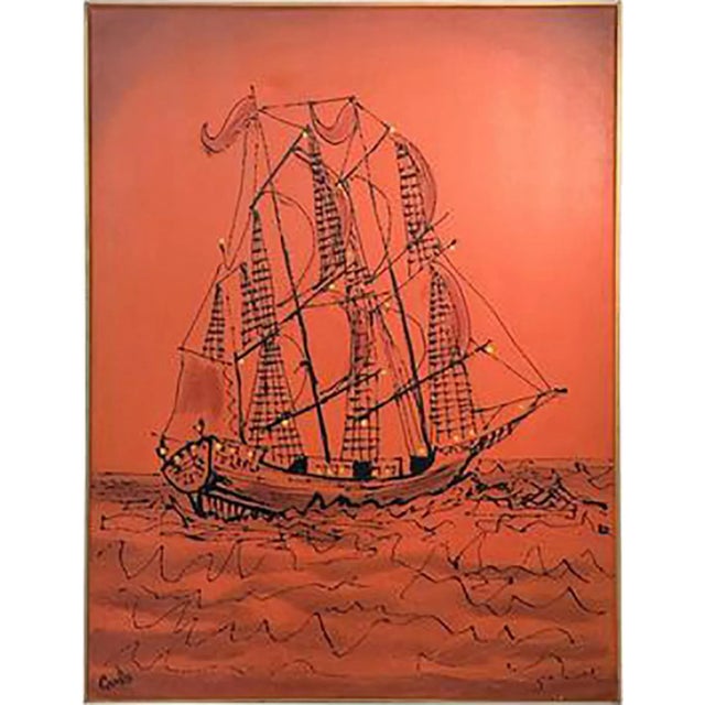1960s Brutalist Bright Orange Pirates Galleon Oil Painting For Sale - Image 9 of 9
