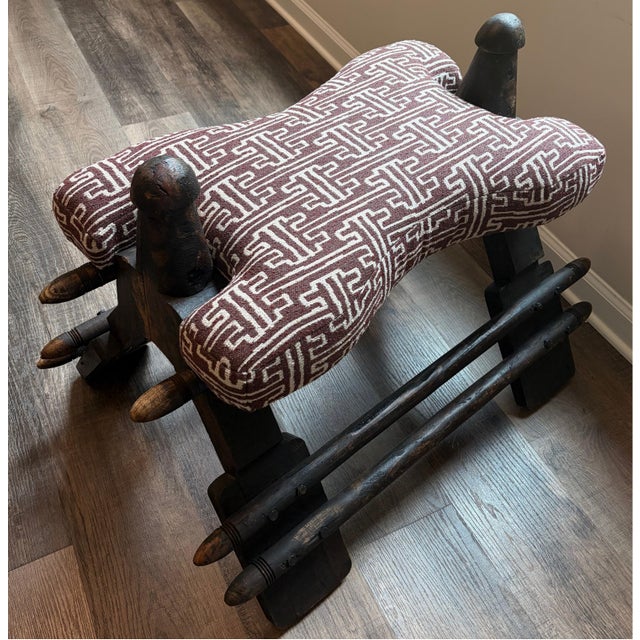 Brown Custom Upholstered Vintage Camel Saddle Stools For Sale - Image 8 of 12