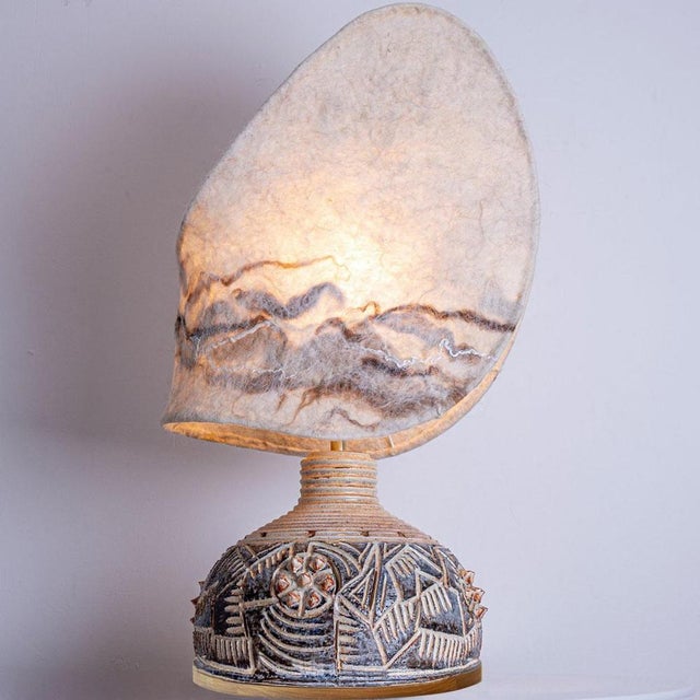 Beige Brown Ceramic Lamp with Jette Helleroe Custom Shade from Axella, Denmark, 1970s For Sale - Image 12 of 14