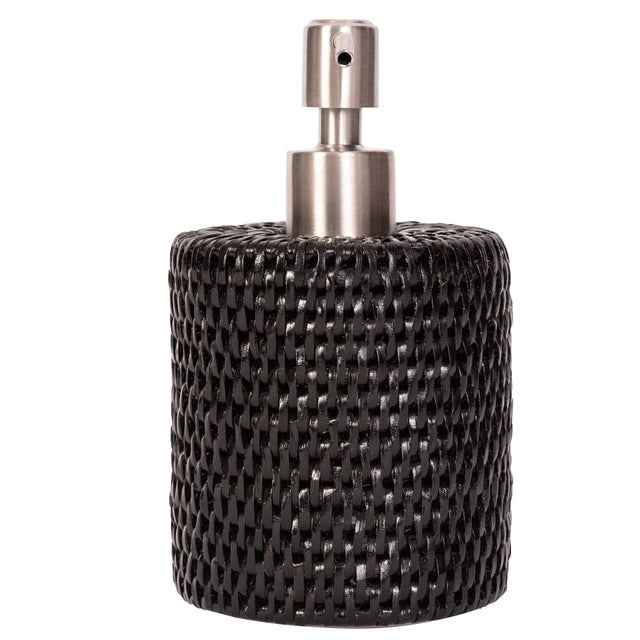Boho Chic Artifacts Rattan Stainless Steel Polished Finish Soap Pump Dispenser in Black For Sale - Image 3 of 3