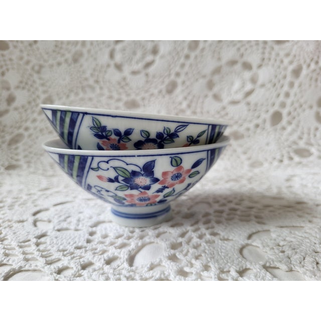 A pair of blue & pink Asian rice bowls or tea cups with the sweetest floral motif. Perfect for a traditional, bohemian or...