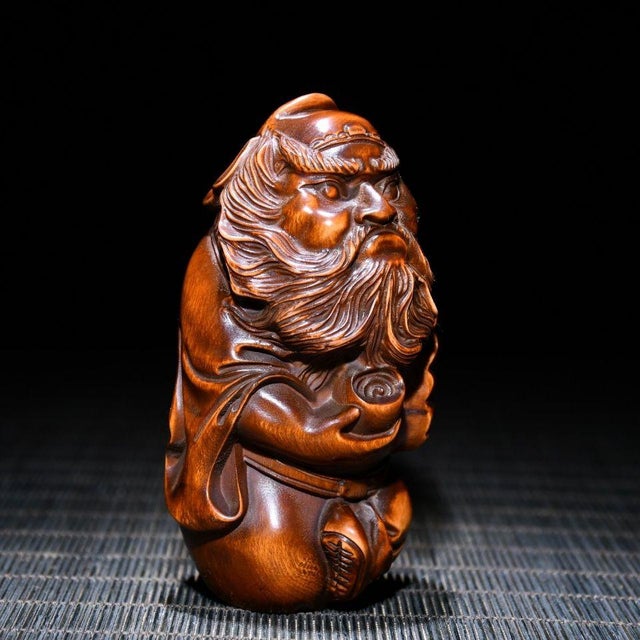 1990s Chinese Boxwood Carved Zhong Kui Wood Figurine For Sale - Image 5 of 9