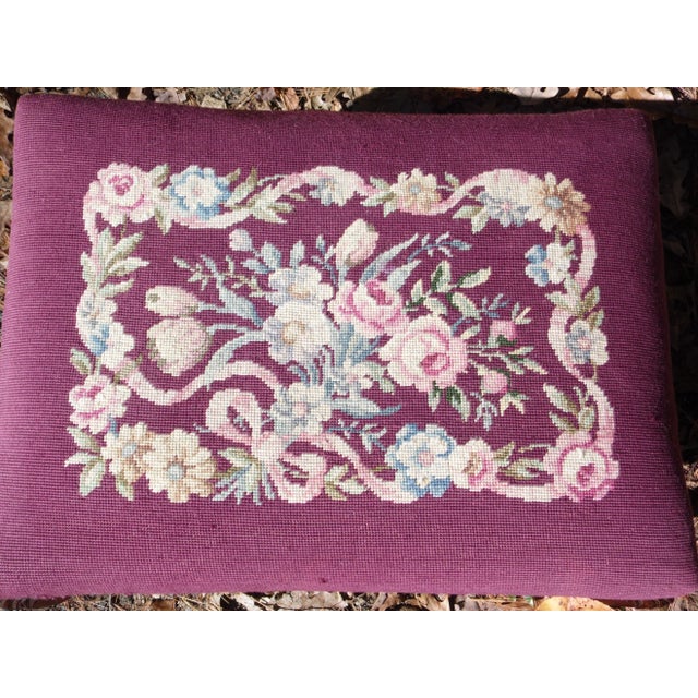 Burgundy Vintage Solid Mahogany Floral Burgundy Needlepoint Footstool Queen Anne Ottoman For Sale - Image 8 of 10