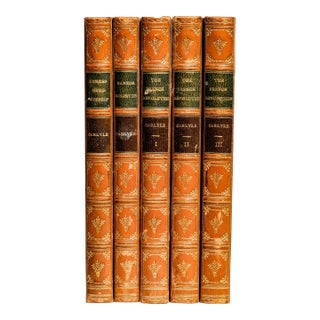 Beautiful Victorian Antique Leather Spine Books 5 Vol. Works of Thomas Carlyle Home Office Shelf Decor For Sale