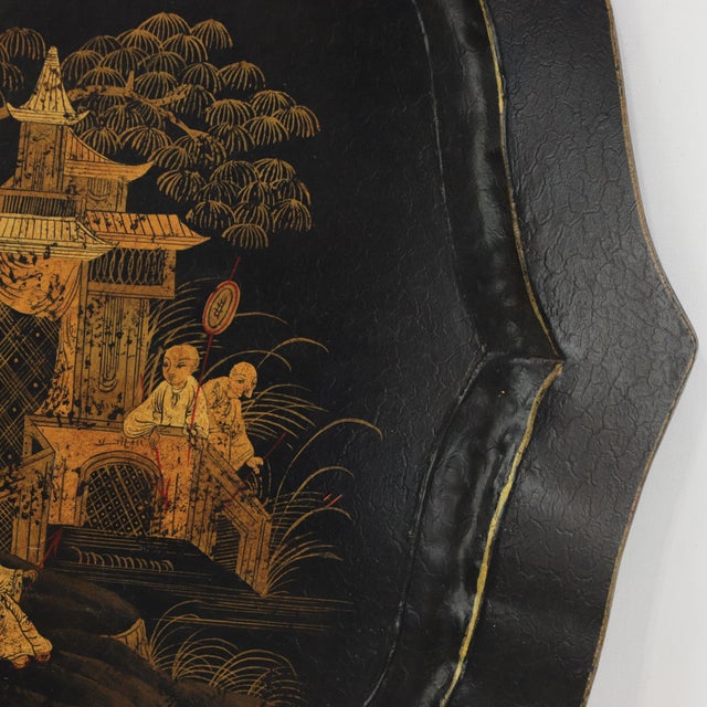 Vintage Hand Painted Chinoiserie Tole Tray Black Lacquer With Gold Gilt Scenic Pagoda Motif For Sale - Image 14 of 16
