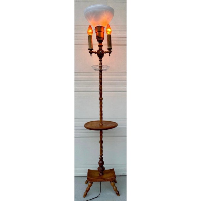 Brown Authentic Antique Maple Floor Lamp With Built-in Table & Glass Gallery Tray 61" For Sale - Image 8 of 16