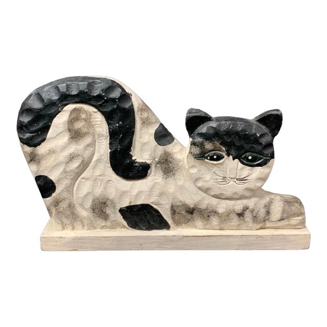 Vintage Folk Art Painted Wooden Carved Cat Sculpture For Sale