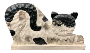 Vintage Folk Art Painted Wooden Carved Cat Sculpture
