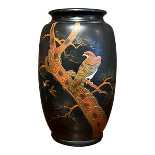 Japanese Antique High Relief Lacquer Vase Falcon Hawk Pine Tree 16" Tall For Sale