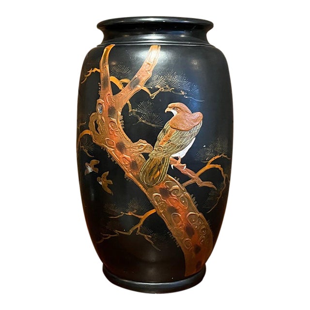 Japanese Antique High Relief Lacquer Vase Falcon Hawk Pine Tree 16" Tall For Sale