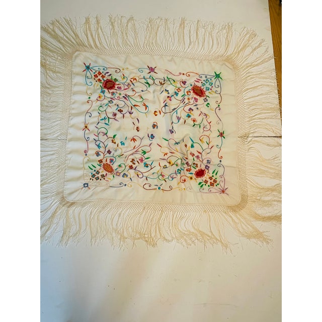 Gorgeous Handstitched Crewel Embroidered Silk Shawl With Fringes For Sale - Image 4 of 7