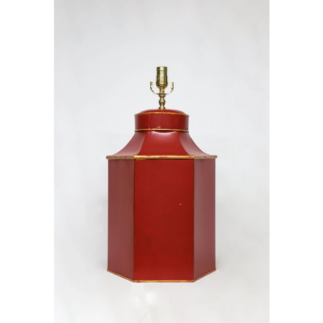 Chinese Late 20th Century Vintage Red Painted Chinese Characters Tole Tea Caddy Lamp "No.3" For Sale - Image 3 of 9