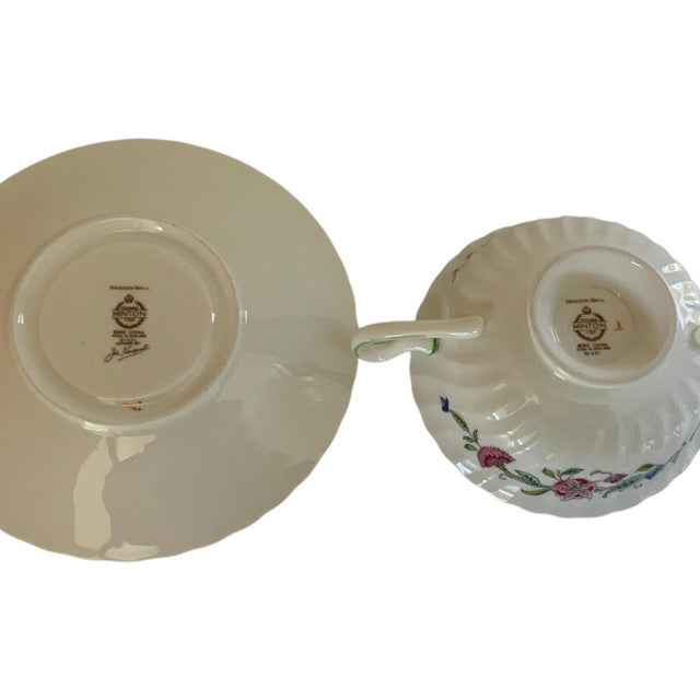 Vintage Minton Haddon Hall Foot Cream Soup Bowl &amp; Saucer w/Handles Fine Bone China Green Trim Made in England...