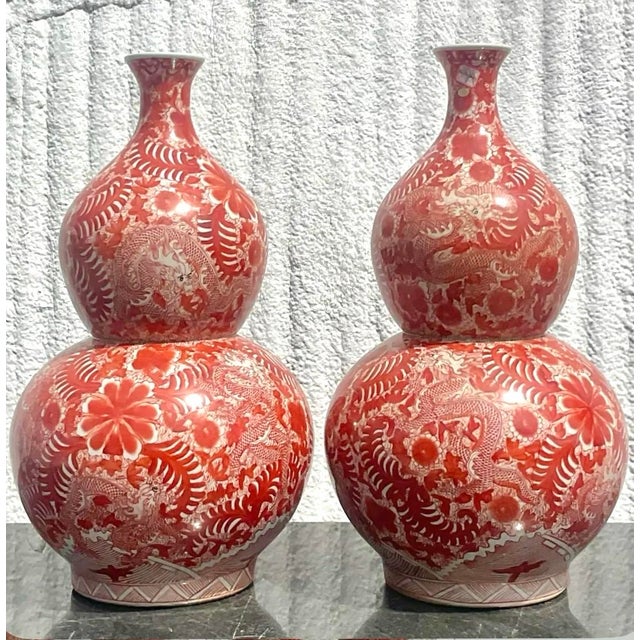 Red Vintage Asian Glazed Ceramic Double Gourd Vases - A Pair For Sale - Image 8 of 12