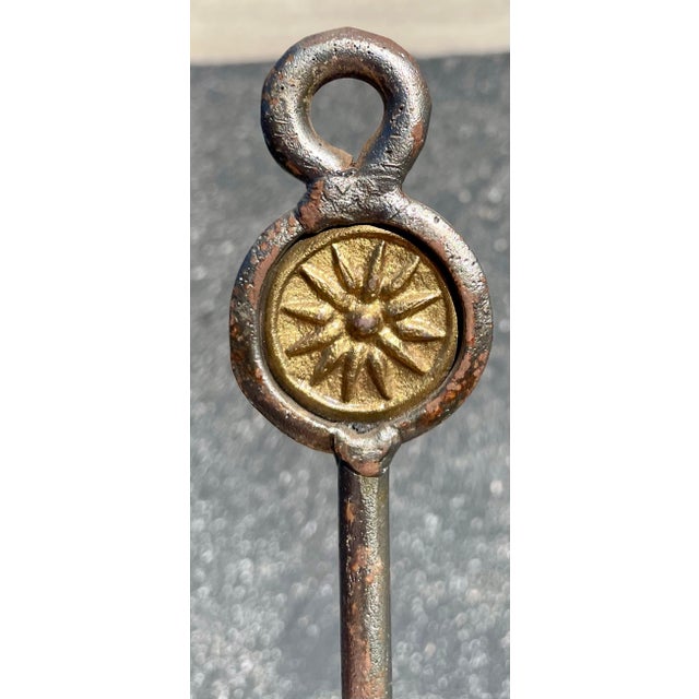 Late 20th Century Hollywood Props House Pewter-Finish Fireplace Tool Set With Gilt Sunburst Accents For Sale - Image 5 of 5