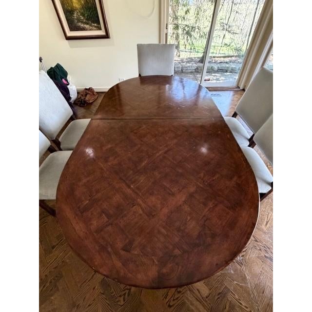Beautiful Traditional Oak Parquet Dining Room Table and Chairs With 2 Exenstions For Sale - Image 9 of 17
