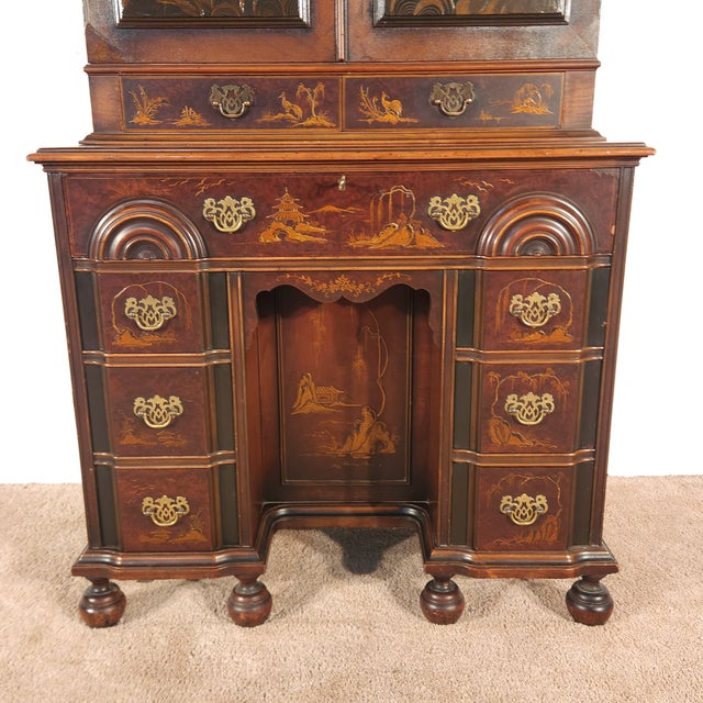 Antique Colby Furniture Chicago Chinoiserie Goddard Style Bureau W/ Bookcase For Sale - Image 12 of 18