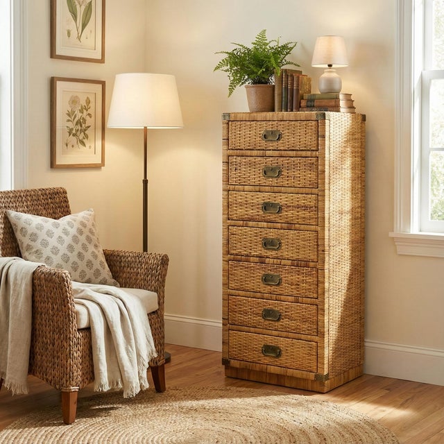 This is a 1970s campaign style wicker lingerie or jewelry chest in the manner of Bilecky. It has brass hardware and is in...